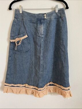 Blue Denim Midi Skirt with Peach Ruffle Trim